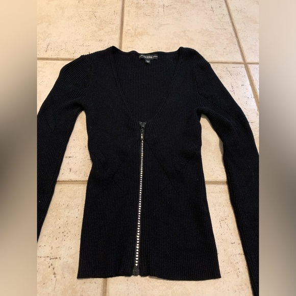 GUESS Black Ribbed Knit Rhinestone Zip-Up Cardigan Top - XS - Picture 5 of 10